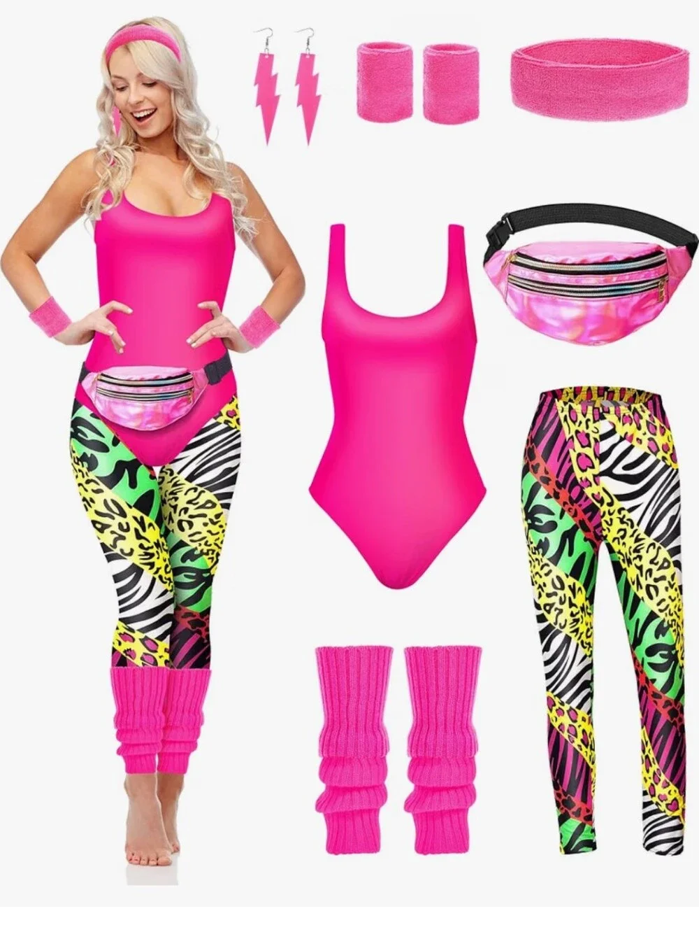 7 Pcs Halloween Women 80s Workout Costume for Cosplay Party Size Small